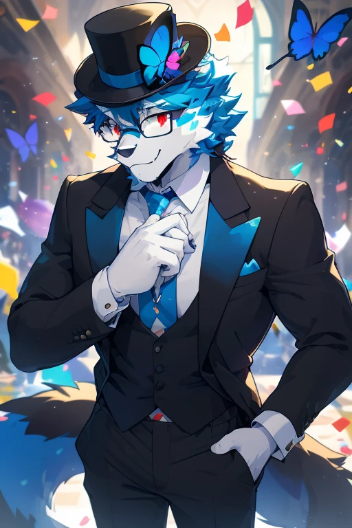 best quality, masterpiece, male, handsome, short, antropomorfic Coyote, black comfetti white and blue top hat, a butterfly green tie, orange party glasses and confetti jet-pack, formal dark blue party outfit. red eyes, a big bone tail, blue ears, white chest. He has confetti stuck in his fur,
