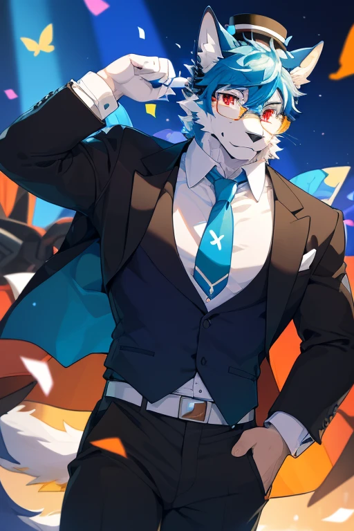 best quality, masterpiece, male, handsome, short, antropomorfic Coyote, black comfetti white and blue top hat, a butterfly green tie, orange party glasses and confetti jet-pack, formal dark blue party outfit. red eyes, a big bone tail, blue ears, white chest. He has confetti stuck in his fur,
