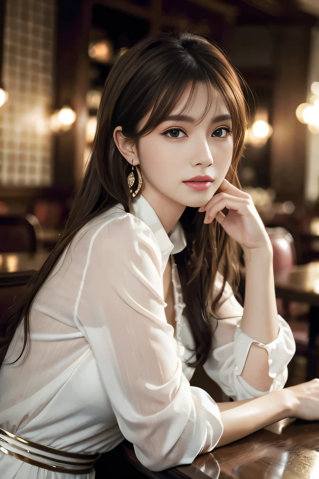 masterpiece, highest quality, Realistic, Very detailed, Finer details, High resolution, 8k wallpaper, One beautiful woman, Wear an elegant see-through blouse, In a great restaurant, At night, Light brown messy hair, Perfect dynamic composition, Beautiful and beautiful eyes、Big earrings、Sitting in a chair、