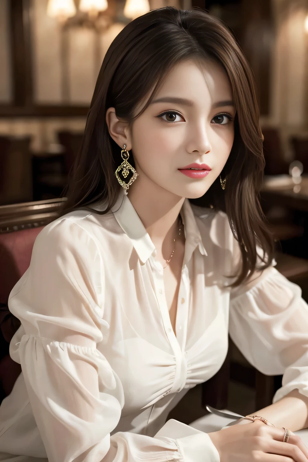 masterpiece, highest quality, Realistic, Very detailed, Finer details, High resolution, 8k wallpaper, One beautiful woman, Wear an elegant see-through blouse, In a great restaurant, At night, Light brown messy hair, Perfect dynamic composition, Beautiful and beautiful eyes、Big earrings、Sitting in a chair、