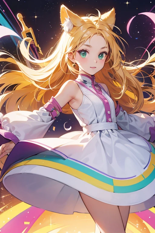 Neotchi's face is beige and shaped like an oval, with a small tuft of hair on her forehead. She has large round ears that are made of rainbow-colored lines, like neon pipes. Her dress has three stripes: purple, yellow, and green, and she has stick-like arms. SPARKLE; GLITTER