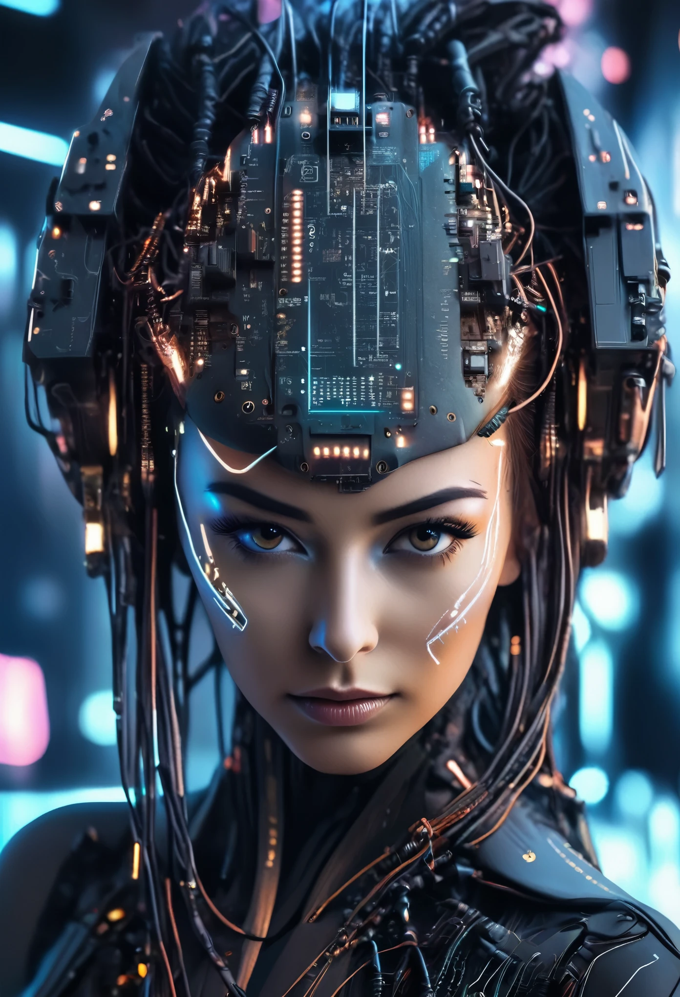 a woman with a futuristic headdress and a futuristic face, harmoniously integrated with computer chip and electrical wires, spaceship controls background, cyberpunk style