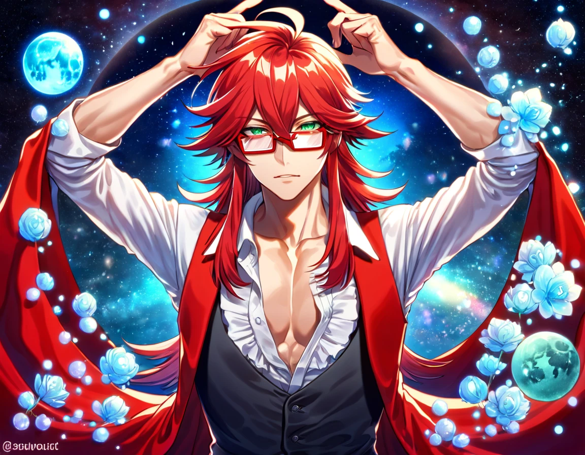 absurdres, highres, ultra detailed, HDR, master piece, best quality, Grell Sutcliff, red long hair, hair between the eyes, expressive green eyes, rectangle glasses with red frames, kuroshitsuji, solo, sexy man, handsome, toned chest, red coat, white shirt, black vest, blue moon, starry, blue fireflies, blue flowers, magical, fantasy