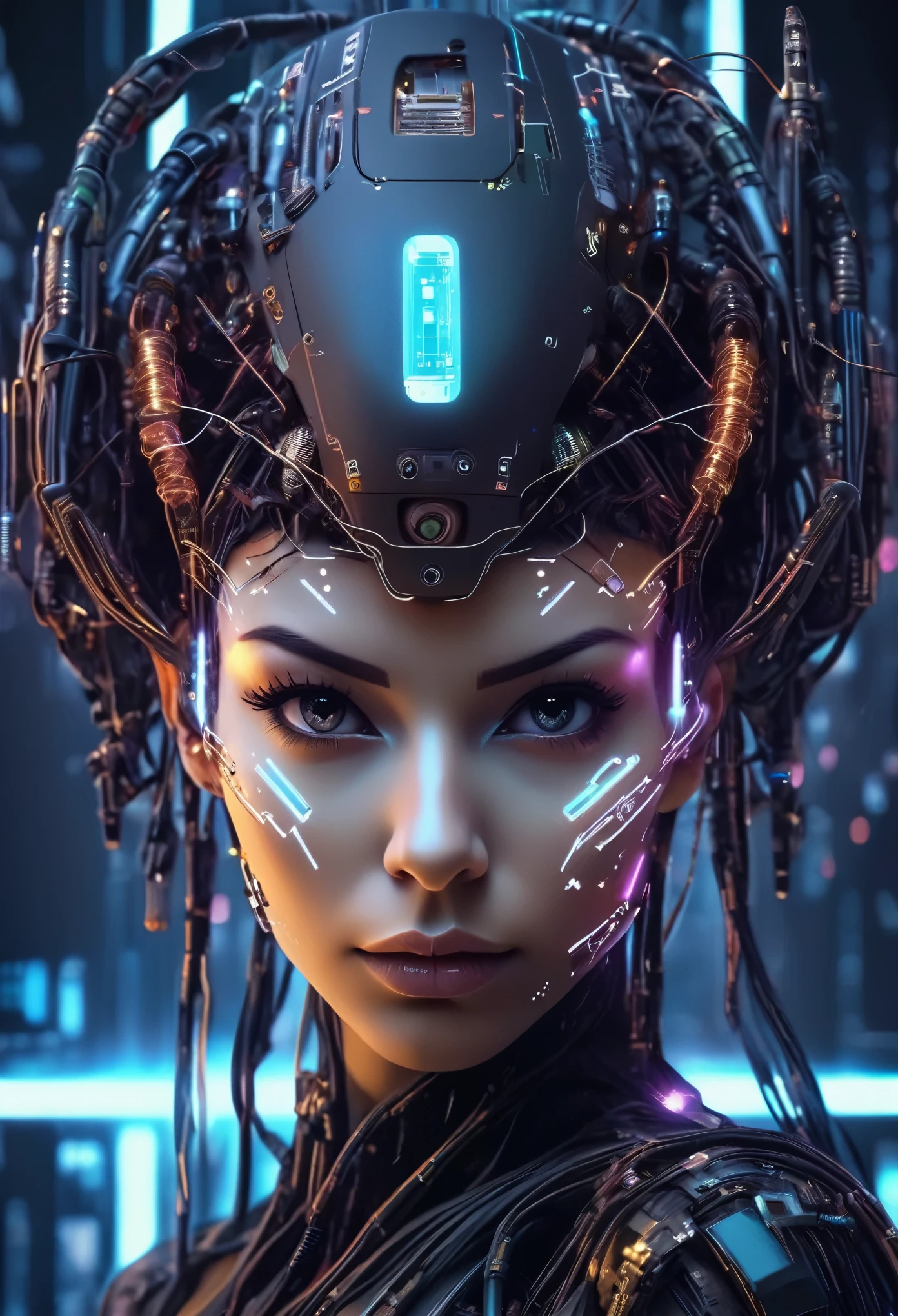 a woman with a futuristic headdress and a futuristic face, harmoniously integrated with computer chip and electrical wires, spaceship controls background, cyberpunk style