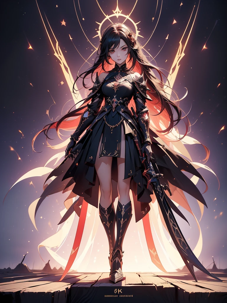 (((masterpiece, best quality, high detailed, 8k))) Design a layout showcase Gaming character, (1girl). Red|Black clothes, stylish and unique. ((showcase weapon:1.4)), enchanted sword. (masterpiece:1.2), (best quality), 4k, ultra-detailed. (Step by step design, layout art:1.5), (luminous lighting, atmospheric lighting). warrior, ((glove full hands)), (((revealing clothes:1.3))), vambraces, armored legwear, (((full_body_shot:1.4))). {In a mystical forest}.
