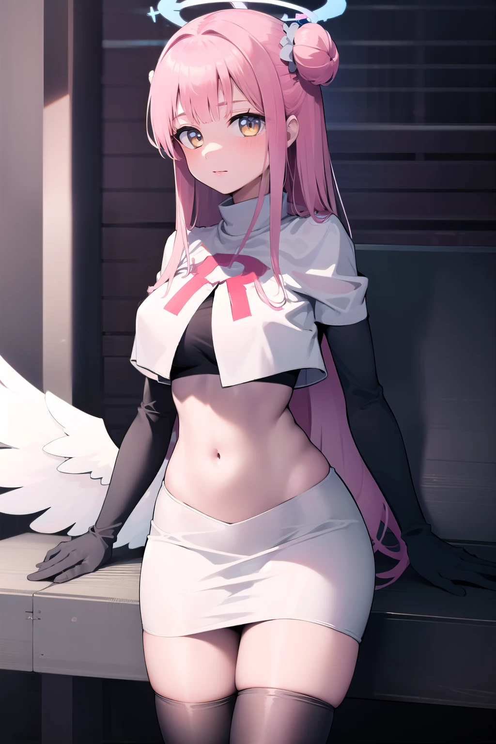 1girl, mika (blue archive), solo, pink hair, wings, halo, long hair,single side bun, hair bun, yellow eyes, hair ornament,  low wings, white wings, scrunchie, looking at viewer, hair flower, feathered wings, very long hair, angel wings, bangs,  team rocket,team rocket uniform,white skirt,red letter R,crop top,black thigh-highs,black elbow gloves