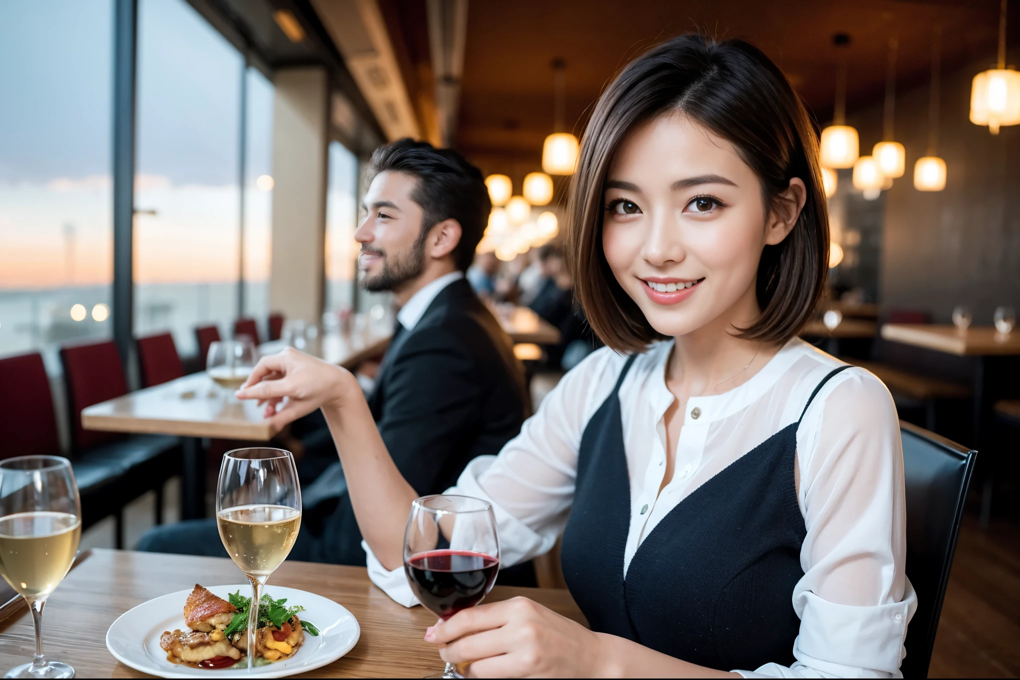 ((highest quality、8k、masterpiece:1.3))、1 male、1 female、Spouse、I really like it、Beautiful couple、The body is slim、テーブルの上のwine glass、Facial Lighting、full-course dinner、 Amazing view of the sunset sky and clouds、A bright smile、The wonderfulness of smile、Bright image、Beautiful Face, short hair,Bright Face、 (43 years old), 39 years old, red wine 、Appetizers、Italian food、Wine bottle、Champagne、sparkling wine、Two beauties、Brown Hair、Shortcuts、Long sleeve shirt、dress、Pretty Woman 1, (slimな顔), (The body is slim), (Brown Hair), (Shortcuts), cheeks turn a little red,Attractive beauty、restaurant, In a prominent place (From the waist up) Nova Frog Style, actress, model, Upper Body, White wine, slim, wine glass, 中央に置かれたwine glass, smile, (smile: 1.15), Beautiful fine grain, Depth f/2,saturation, High Contrast, Strong light and shadow,Moist Body:1.5、3D texture、Delicate eyes、Brown Hair、The hair is very shiny、