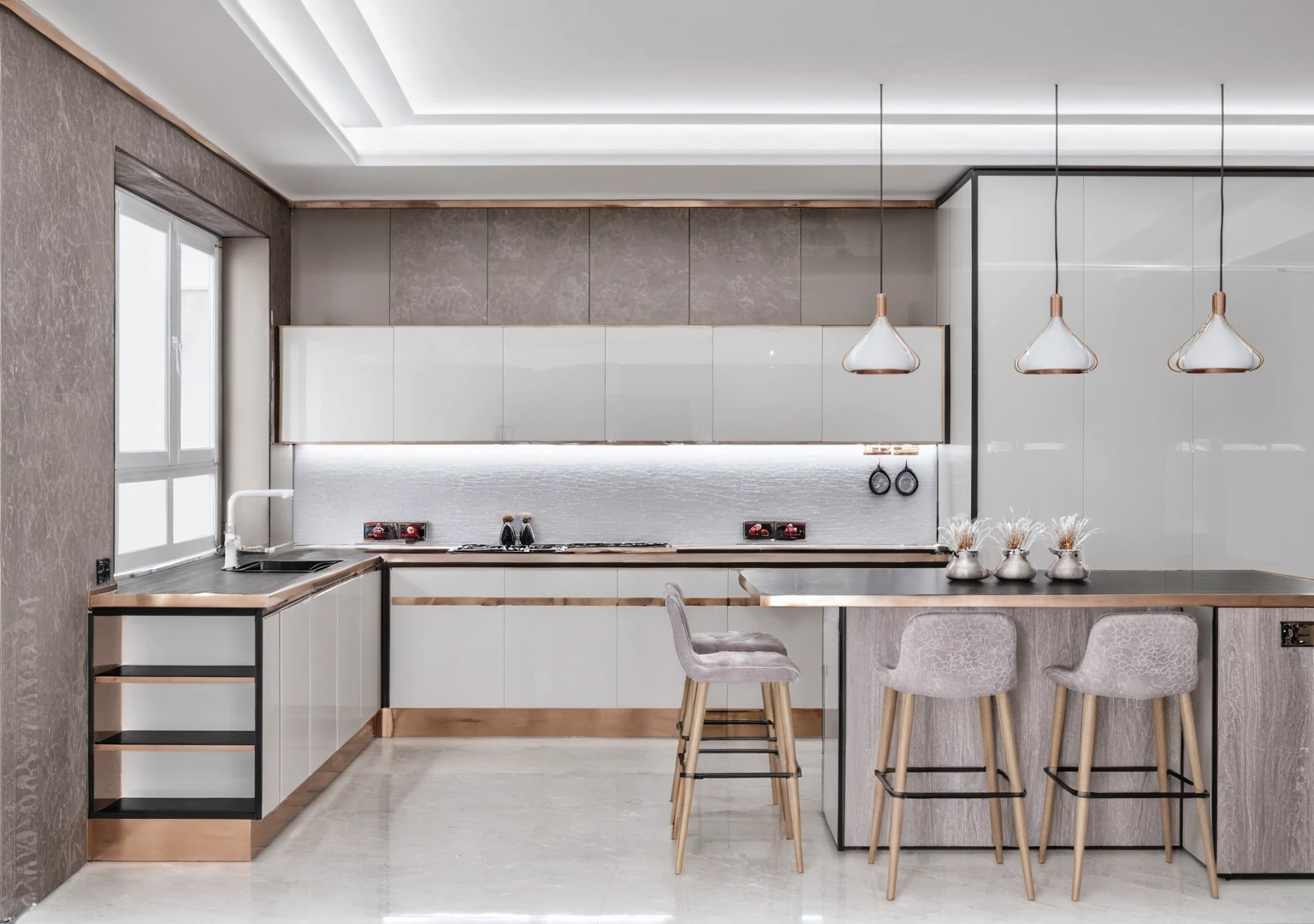 Raw photo,Masterpiece, high quality, best quality, authentic, super detail,
indoors, interior ,aiaigroup, ,kitchen room, kitchen cabinet, modern style, daylight