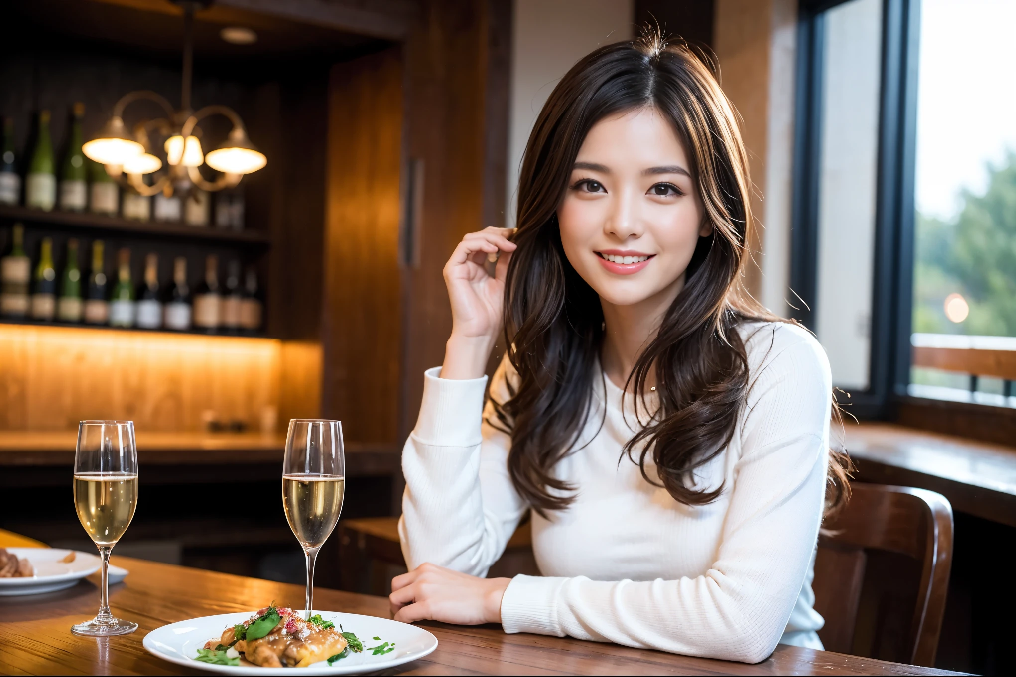 ((highest quality、8k、masterpiece:1.3))、1 male、1 female、Spouse、I really like it、Beautiful couple、The body is slim、テーブルの上のwine glass、Facial Lighting、full-course dinner、 Amazing view of the sunset sky and clouds、A bright smile、The wonderfulness of smile、Bright image、Beautiful Face, short hair,Bright Face、 (43 years old), 39 years old, red wine 、Appetizers、Italian food、Wine bottle、Champagne、sparkling wine、Two beauties、Brown Hair、Shortcuts、Long sleeve shirt、dress、Pretty Woman 1, (slimな顔), (The body is slim), (Brown Hair), (Shortcuts), cheeks turn a little red,Attractive beauty、restaurant, In a prominent place (From the waist up) Nova Frog Style, actress, model, Upper Body, White wine, slim, wine glass, 中央に置かれたwine glass, smile, (smile: 1.15), Beautiful fine grain, Depth f/2,saturation, High Contrast, Strong light and shadow,Moist Body:1.5、3D texture、Delicate eyes、Brown Hair、The hair is very shiny、