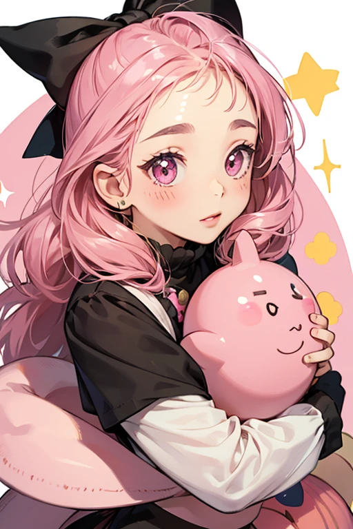 Nicpatchi is a pink Tamagotchi with a gourd shaped body similar to Kuchipatchi. She has black oval eyes and dark pink cheek highlights. She wears a pink bow on top of her head. SPARKLE; GLITTER