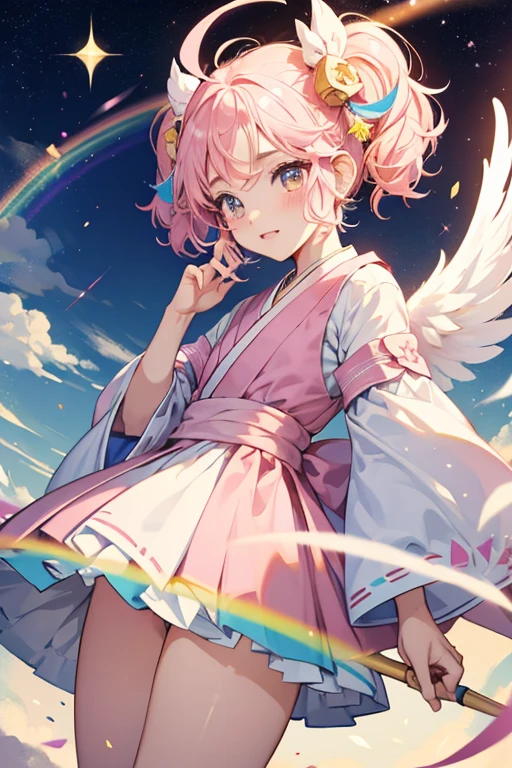 Nijifuwatchi has a white fluffy body with pink wings. Her head is shaped like a cloud, and her torso has a dress-like appearance. She has two short fluffy pigtails and curly bangs on her forehead. She has drop-shaped eyes with four eyelashes each and pink cheeks. The top of her head has pink, yellow, and blue stripes on it, which resemble a rainbow. She wears a yellow star-shaped clip on the left side of her head. Nijifuwatchi floats a short distance above the ground. SPARKLE; GLITTER