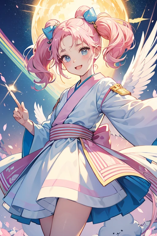 Nijifuwatchi has a white fluffy body with pink wings. Her head is shaped like a cloud, and her torso has a dress-like appearance. She has two short fluffy pigtails and curly bangs on her forehead. She has drop-shaped eyes with four eyelashes each and pink cheeks. The top of her head has pink, yellow, and blue stripes on it, which resemble a rainbow. She wears a yellow star-shaped clip on the left side of her head. Nijifuwatchi floats a short distance above the ground. SPARKLE; GLITTER