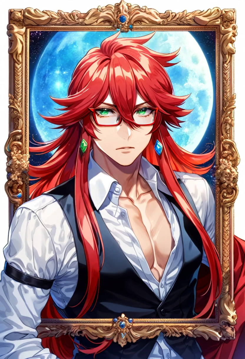 absurdres, highres, ultra detailed, HDR, master piece, best quality, Grell Sutcliff, red long hair, hair between the eyes, expressive green eyes, rectangle glasses with red frames, kuroshitsuji, solo, sexy man, handsome, toned chest, red coat, white shirt, black vest, blue moon, starry, blue fireflies, blue flowers, magical, fantasy