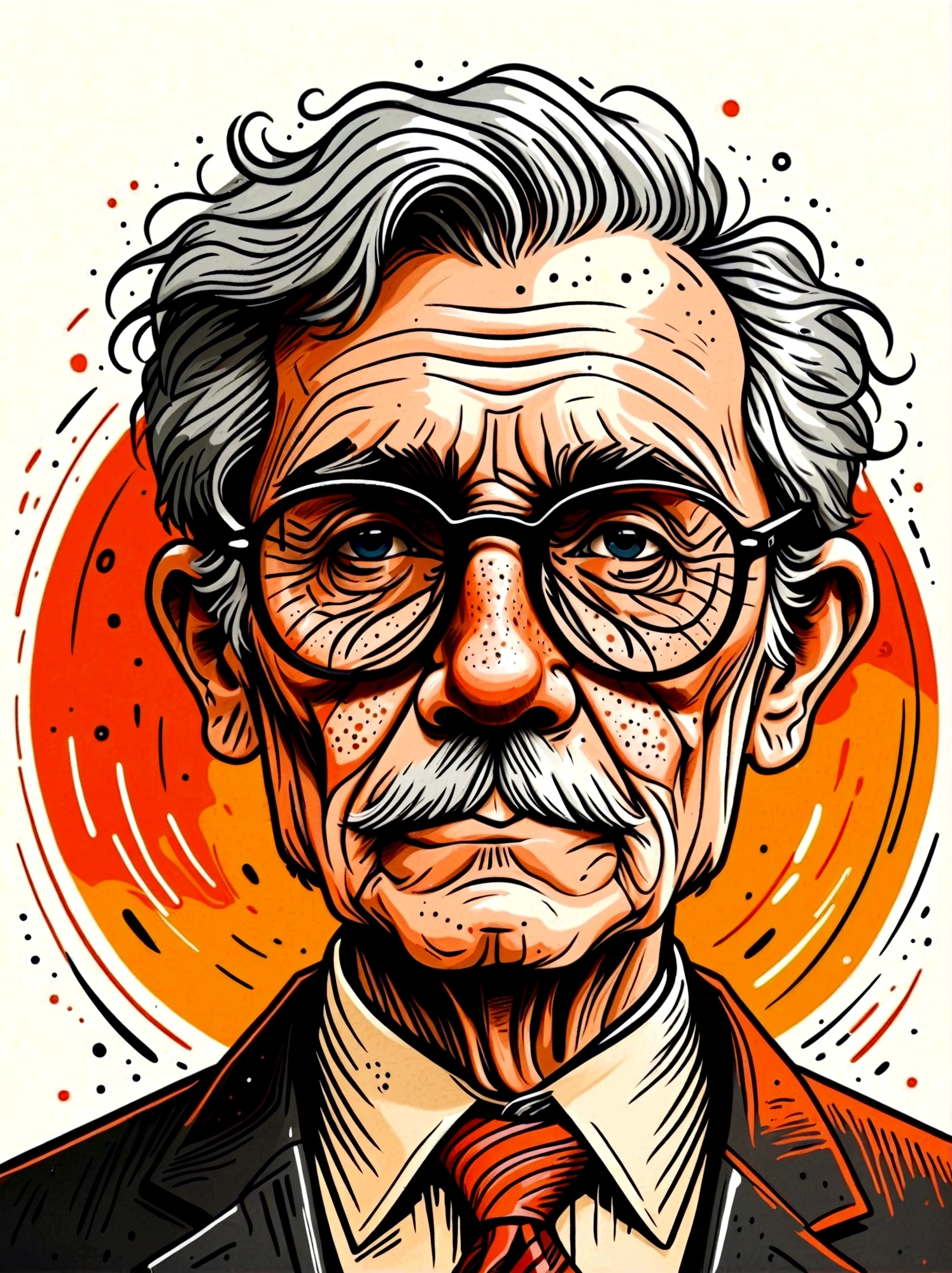 (masterpiece, best quality:1.2), Cartoon hand drawn, elder, solo, portrait, wear glasses, cry,sad,tie, The color palette is in red, orange and black tones and has a sketchy style. The background should have a simple hand-drawn doodle pattern