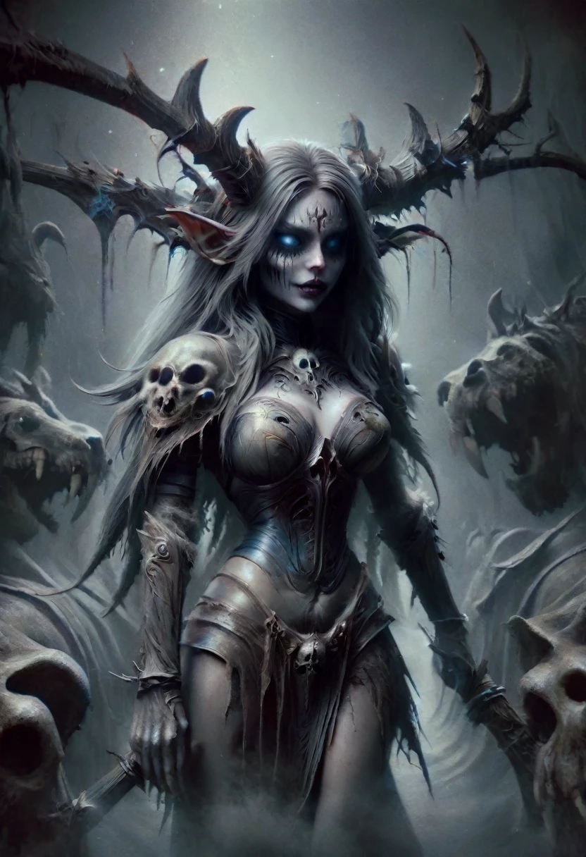 Create an image of a horrific sadistic gorgeous perfect Sexy seductive dead girl, undead head, seductive pose