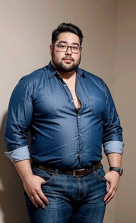 Tall overweight man with square glasses in jeans and formal blouse