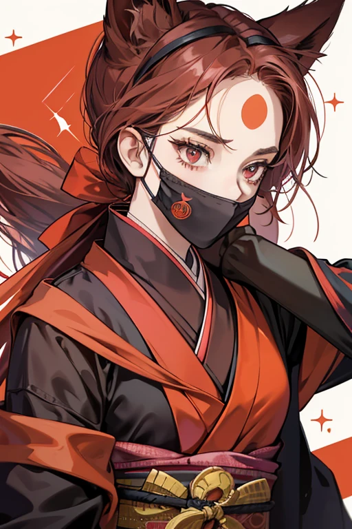 Ninja Lovelin wears a red ninja suit with a black shirt underneath. Her mask covers her whole head with the opening only showing her eyes and there is a metal plate on the forehead portion of the mask. When in civilian clothing, she wears a pink kimono with brown trim and a dark pink sash. She also has two orange bows worn on her ears. SPARKLE; GLITTER