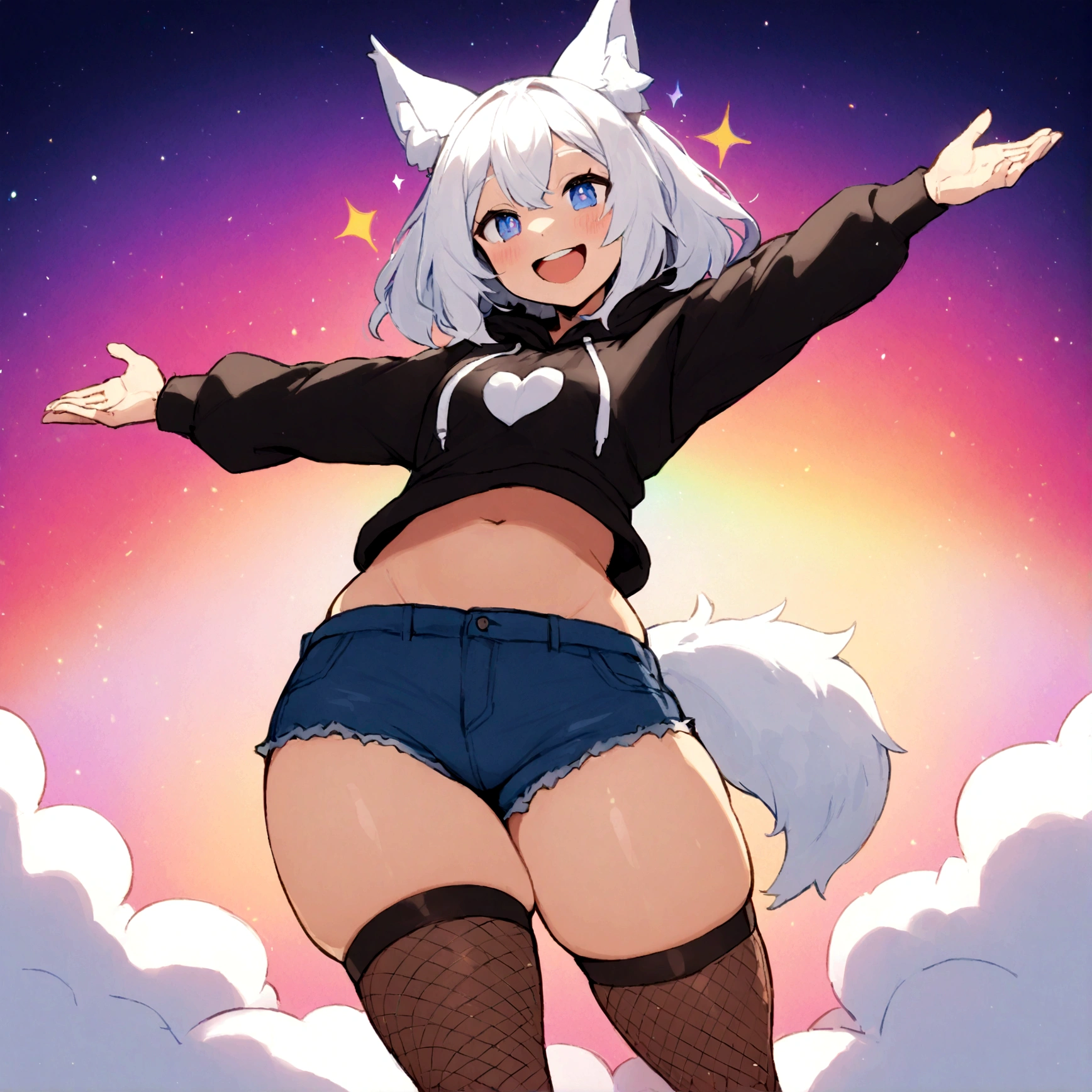 a cute adult male with wolf ears, white hair, has a wolf tail, wearing a loose cropped oversized black hoodie, wearing a pair of denim short shorts and thigh high fishnet stockings, thick thighs, wide hips, relaxing on mound of fluffy multi colored kawaii plushies, short, very slim, showing slender tummy, stretching out, heart on hoodie, squishy thighs, has glowing blue eyes. alone, solo (ALONE)(SOLO), surrounded by rainbows, colorful galaxy backround, mouth wide open grin, very happy, excited, nice butt