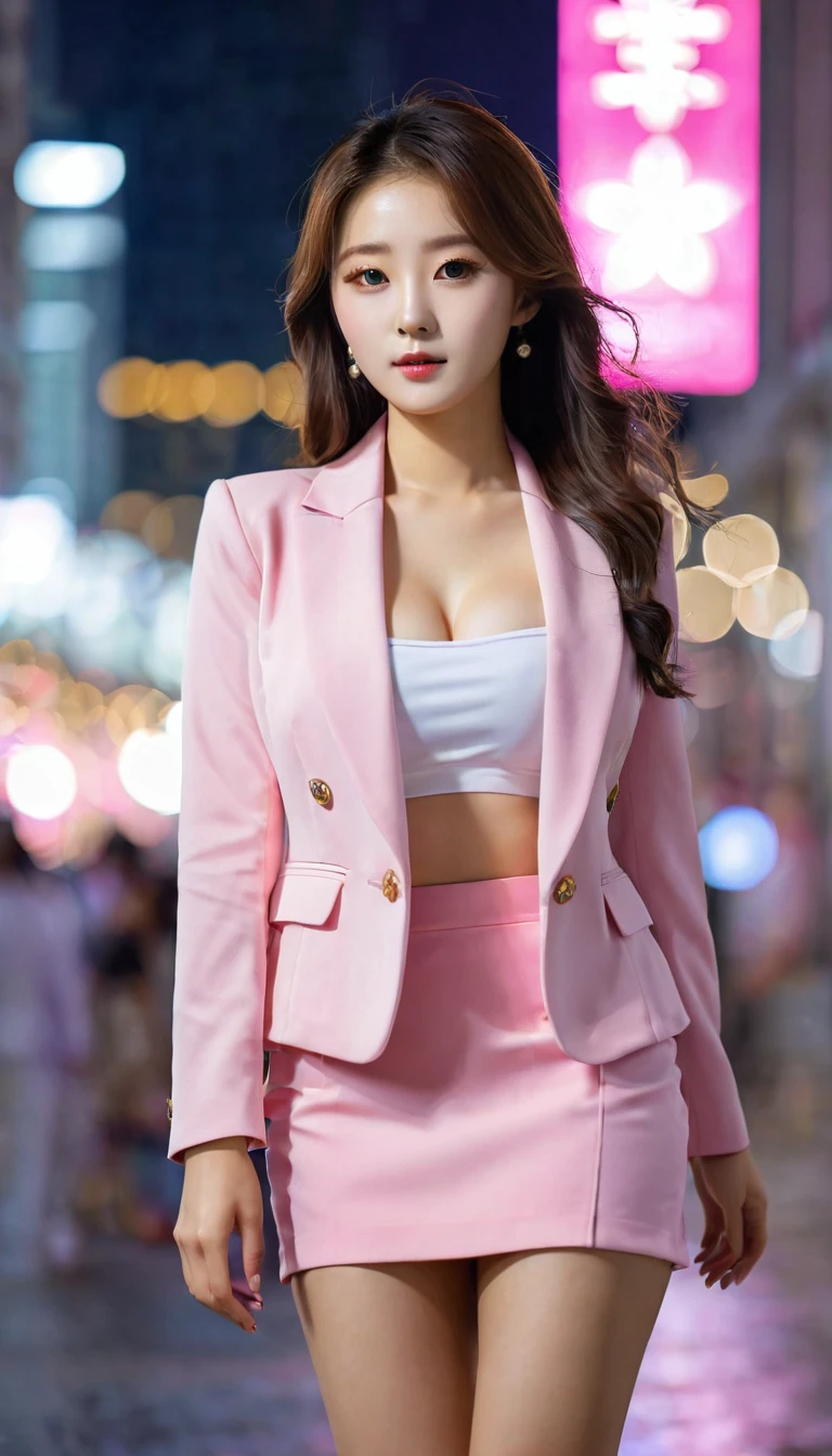 Full body of beautiful korean female, 34 inch breasts size, wearing pink suit, and short skirt, in the night city, night light, bokeh background, UHD