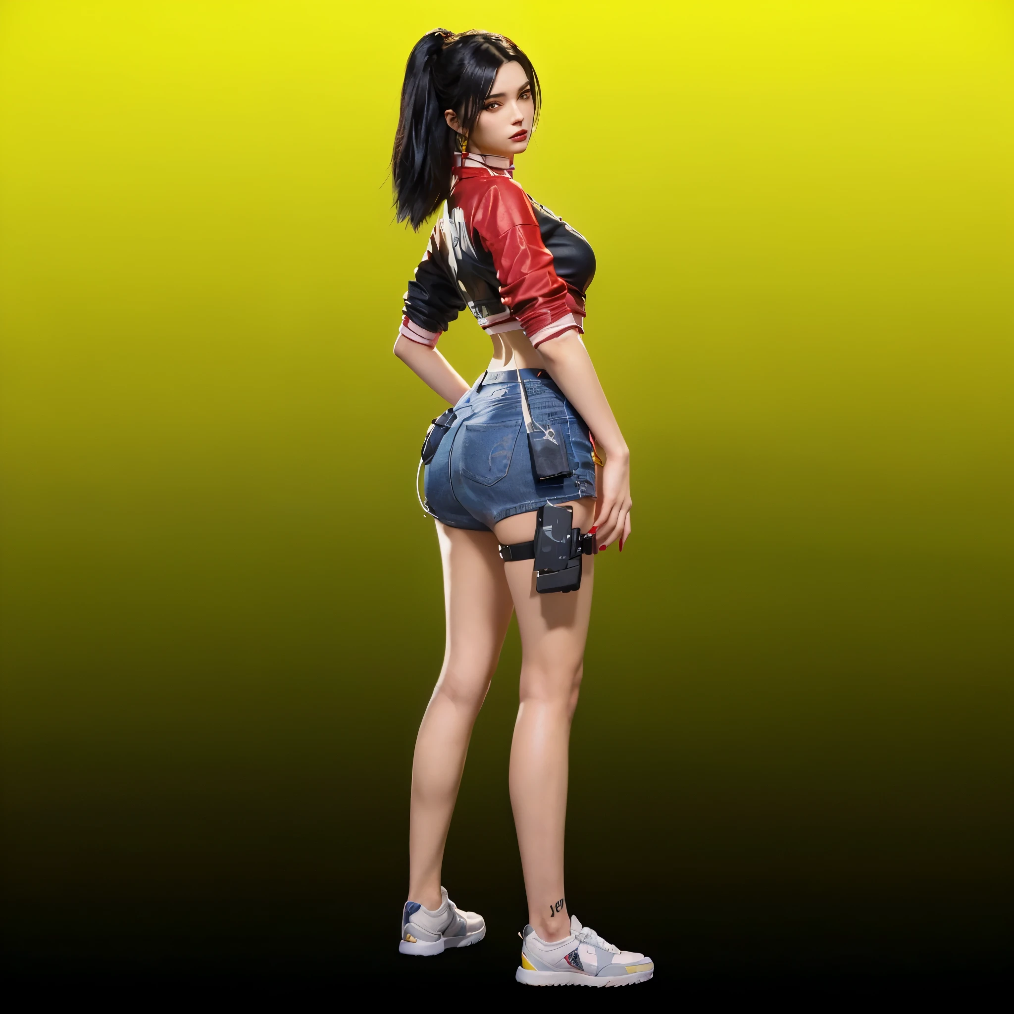 araffed woman in a short skirt and a red shirt, faye valentine, cyberpunk 2 0 y. o model girl, katana zero video game character, cyberpunk 2 0 7 7 character art, high detail iconic character, blue jeans. unreal 5, female lead character, style of cyberpunk 2 0 7 7, render of april, female character, promotional render