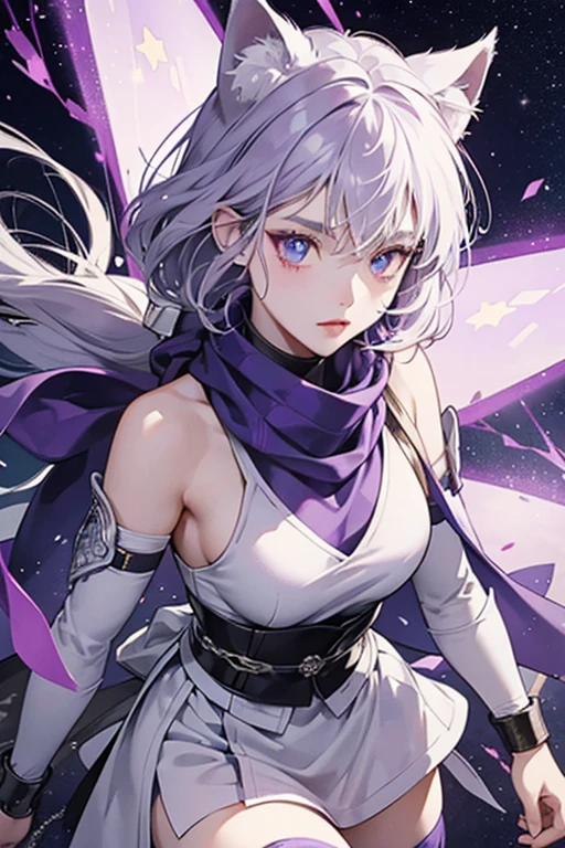 Ninjanyatchi resembles a white cat with shurikens as ears. Her eyes are blue and she has a pale lavender star around her left eye. She wears chain mail armor, a purple scarf, and purple stockings. She has a thin tail with a gray star-shaped tip. SPARKLE; GLITTER