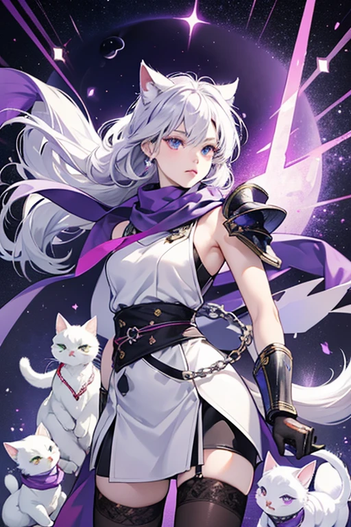 Ninjanyatchi resembles a white cat with shurikens as ears. Her eyes are blue and she has a pale lavender star around her left eye. She wears chain mail armor, a purple scarf, and purple stockings. She has a thin tail with a gray star-shaped tip. SPARKLE; GLITTER