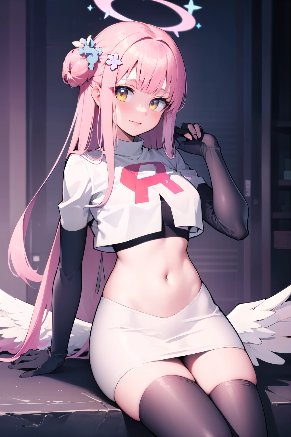 1girl, mika (blue archive), solo, pink hair, wings, halo, long hair,single side bun, hair bun, yellow eyes, hair ornament, low wings, white wings, scrunchie, looking at viewer, hair flower, feathered wings, very long hair, angel wings, bangs, team rocket,team rocket uniform,white skirt,red letter R,crop top,black thigh-highs,black elbow gloves