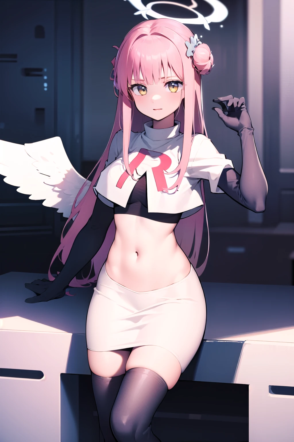 1girl, mika (blue archive), solo, pink hair, wings, halo, long hair,single side bun, hair bun, yellow eyes, hair ornament,  low wings, white wings, scrunchie, looking at viewer, hair flower, feathered wings, very long hair, angel wings, bangs,  team rocket,team rocket uniform,white skirt,red letter R,crop top,black thigh-highs,black elbow gloves