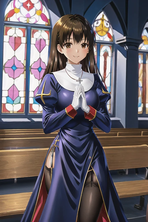 priestRO, long sleeves, pantyhose, thighhighs, garter belt, white gloves, long skirt. shoes, long dress, puffy sleeves, turtleneck,
necklace, cross necklace,
brown hair, brown eye, long hair,
standing, ((praying)), own hands togather,
looking at viewer, smile,
upper body, medium shot, cowboy shot,
catholic church, light through window,  church, stained glass, wooden bench,