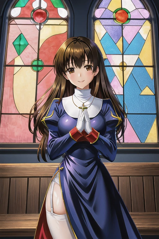 priestRO, long sleeves, pantyhose, thighhighs, garter belt, white gloves, long skirt. shoes, long dress, puffy sleeves, turtleneck,
necklace, cross necklace,
brown hair, brown eye, long hair,
standing, ((praying)), own hands togather,
looking at viewer, smile,
upper body, medium shot, cowboy shot,
catholic church, light through window,  church, stained glass, wooden bench,