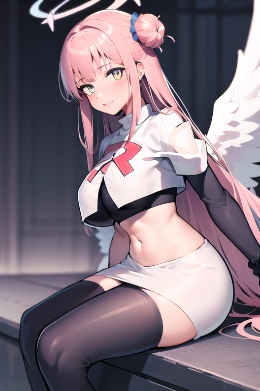 1girl, mika (blue archive), solo, pink hair, wings, halo, long hair,single side bun, hair bun, yellow eyes, hair ornament,  low wings, white wings, scrunchie, looking at viewer, hair flower, feathered wings, very long hair, angel wings, bangs,  team rocket,team rocket uniform,white skirt,red letter R,crop top,black thigh-highs,black elbow gloves