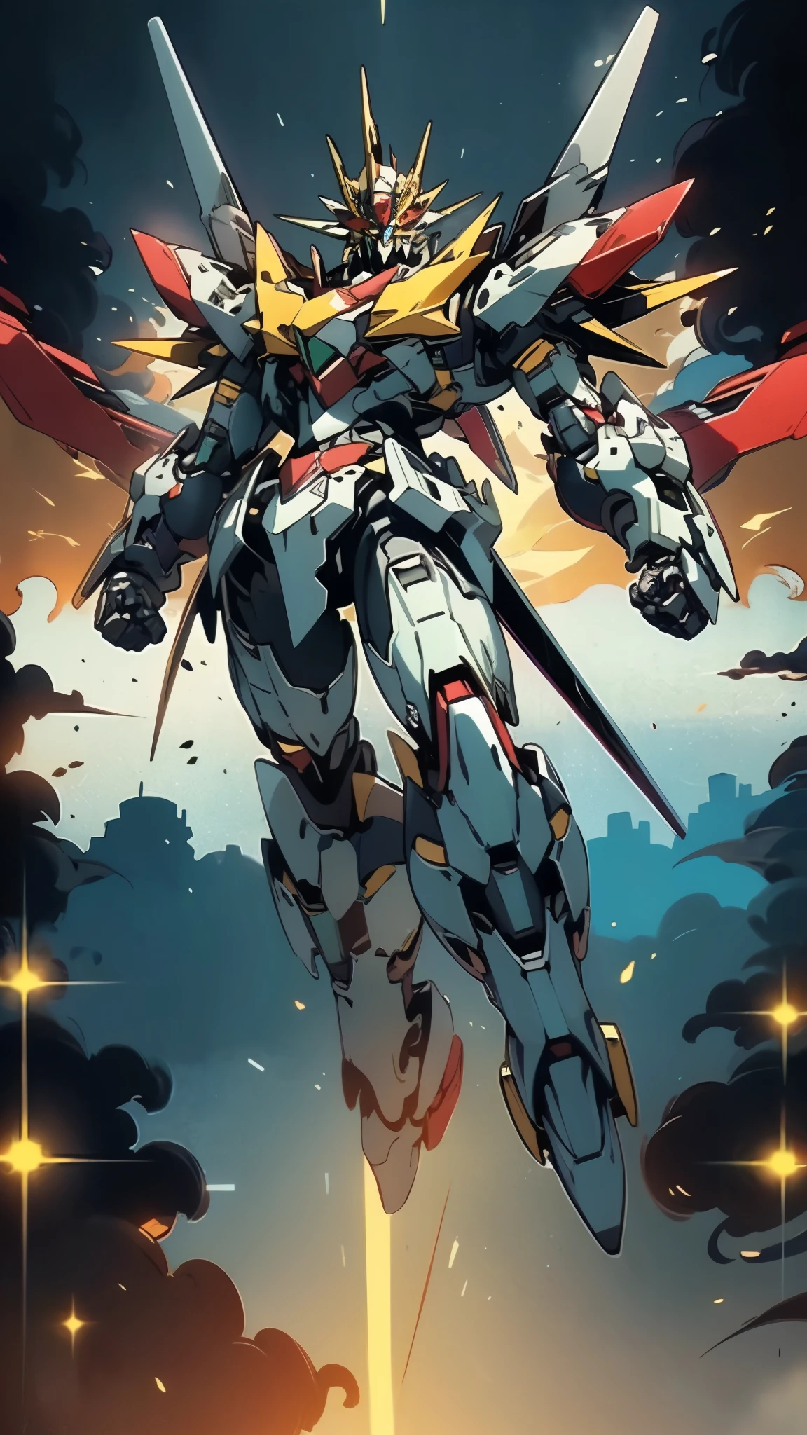 Humanoid Mecha, fully enclosed shoulder guards, matching arm and leg guards, full body, full armor, the design balances heavy with agility, (the color scheme is primarily white with red and blue accents, the concept Inspired by Mazinger Z, organic biotech armor, standing, floating high above the futuristic sci-fi city), exquisite and mature art style, (aura effect, energy, glowing eyes, the armor glows), Super robot, ((SRS)), metallic, dynamic, dramatic, high definition, best quality, highres, ultra-detailed, ultra-fine painting, extremely delicate, professional, perfect body proportions, anatomically correct, symmetrical face, extremely detailed eyes and face, high quality eyes, creativity, RAW photo, UHD, 32k, Natural light, cinematic lighting, masterpiece-anatomy-perfect, masterpiece:1.5