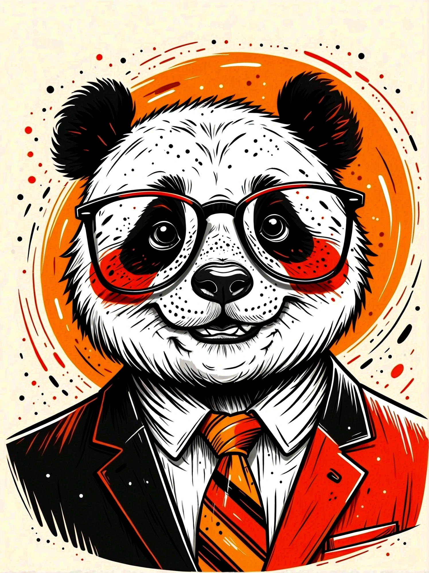 (masterpiece, best quality:1.2), Cartoon hand drawn, panda, solo, portrait, wear glasses, cry，happy，Eating bamboo，tie, The color palette is in red, orange and black tones and has a sketchy style, The background should have a simple hand-drawn doodle pattern