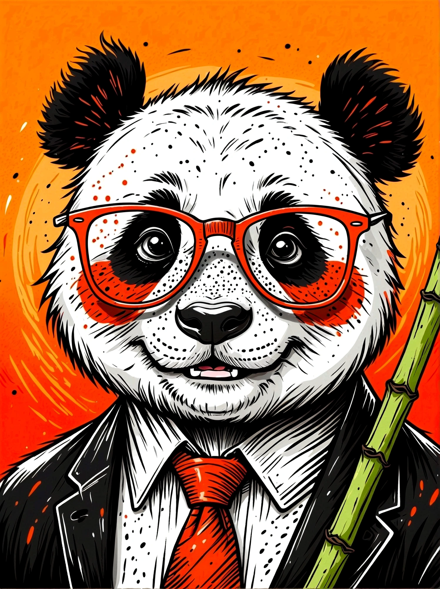 (masterpiece, best quality:1.2), Cartoon hand drawn, panda, solo, portrait, wear glasses, cry,happy,Eating bamboo,tie, The color palette is in red, orange and black tones and has a sketchy style, The background should have a simple hand-drawn doodle pattern