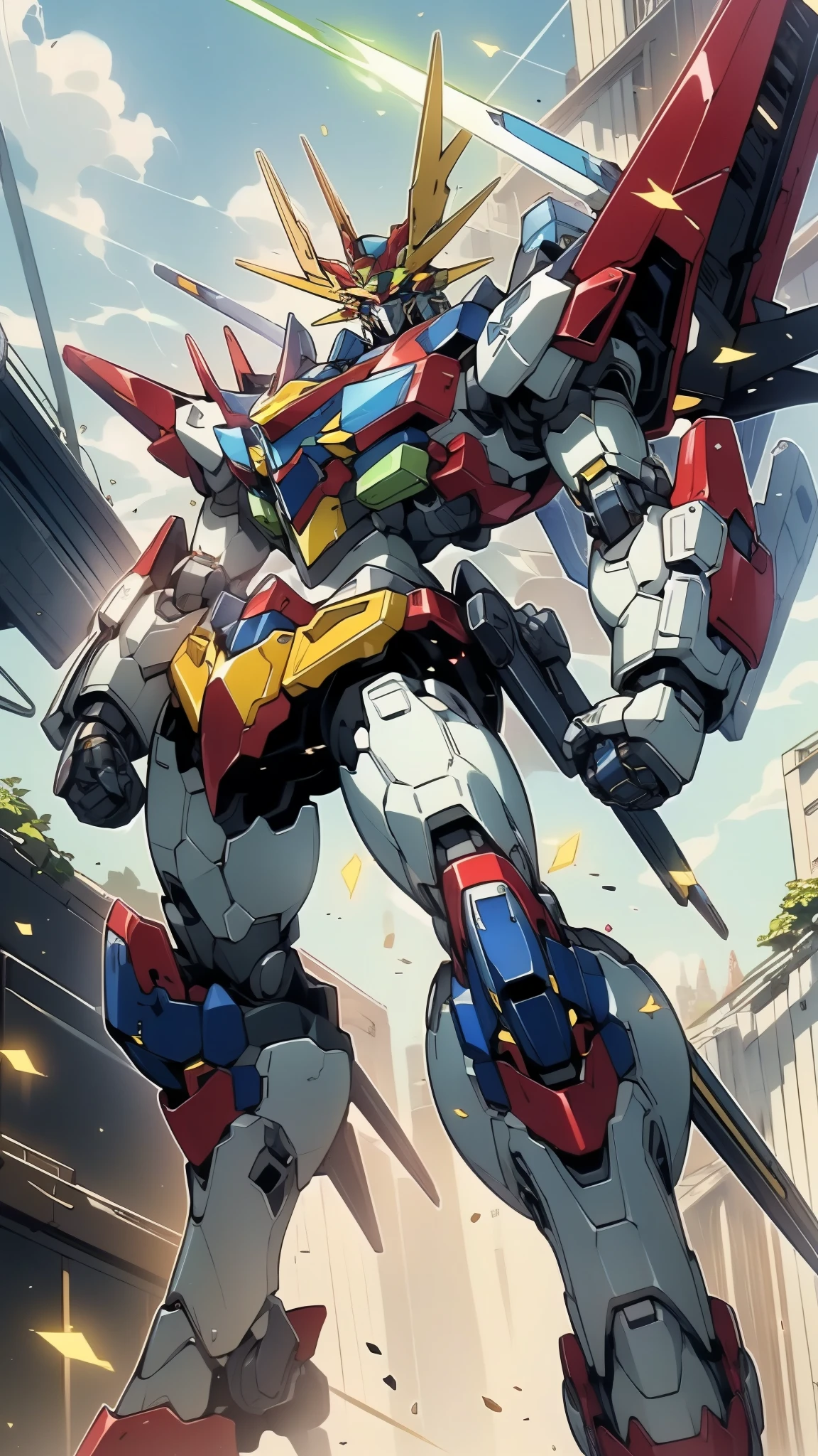 Humanoid Mecha, fully enclosed shoulder guards, matching arm and leg guards, full body, full armor, the design balances heavy with agility, (the color scheme is primarily white with red and blue accents, the concept Inspired by Mazinger Z, organic biotech armor, standing, floating high above the futuristic sci-fi city), exquisite and mature art style, (aura effect, energy, glowing eyes, the armor glows), Super robot, ((SRS)), metallic, dynamic, dramatic, high definition, best quality, highres, ultra-detailed, ultra-fine painting, extremely delicate, professional, perfect body proportions, anatomically correct, symmetrical face, extremely detailed eyes and face, high quality eyes, creativity, RAW photo, UHD, 32k, Natural light, cinematic lighting, masterpiece-anatomy-perfect, masterpiece:1.5