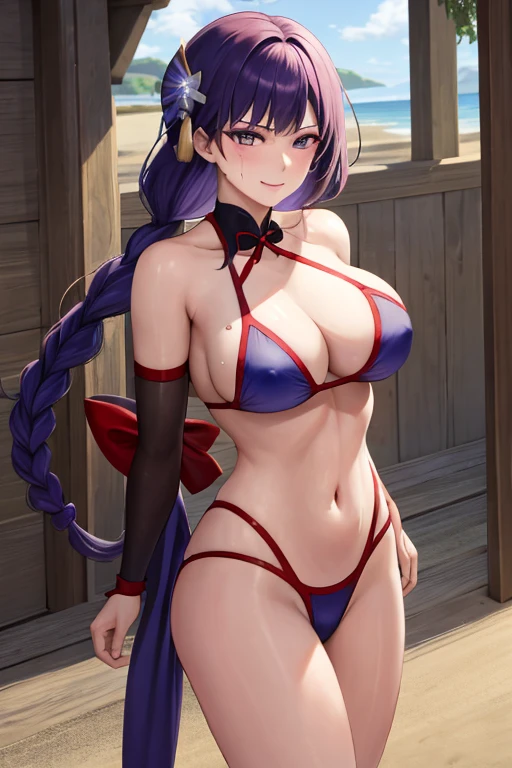 masterpiece, best quality, beautiful art, high resolution, well formed hands, body and fingers, 1 woman, solo, Raiden Shogun, adult, grown up, big breasted, cleavage, full body, long hair, gorgeous legs and thighs, smile, wearing a Tyris Flare outfit, sexy and skimpy bikini, she is fighting in a combat match at a martial arts tournament, she is getting ready to fight, making her guard pose, action and fighting scene, about to hit the viewer, looking at the viewer, sweating , feeling confident and proud, smiling joyfully and happily, charming her opponent with her beauty, fighting scene, martial arts tournament on the beach