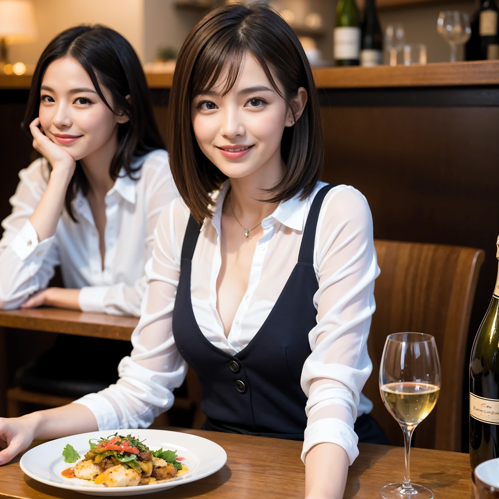((highest quality、8k、masterpiece:1.3))、1 male、1 female、spouse、I really like it、Beautiful couple、The body is slim、Wine glass on the table、Facial lighting、full-course dinner、 Amazing view of the sunset sky and clouds、A bright smile、The wonderfulness of smile、Bright image、Beautiful Face, short hair,Bright Face、 (43 years old), 39 years old, red wine 、Appetizers、Italian food、Wine bottle、Champagne、sparkling wine、Two beauties、Brown Hair、Shortcuts、Long sleeve shirt、dress、Pretty Woman 1, (Slim face), (The body is slim), (Brown Hair), (Shortcuts), cheeks turn a little red,Attractive beauty、restaurant, In a prominent place (From the waist up) Nova Frog Style, actress, model, Upper Body, White wine, slim, wine glass, A wine glass placed in the center, smile, (smile: 1.15), Beautiful fine grain, Depth f/2,saturation, High Contrast, Strong light and shadow,Moist Body:1.5、3D texture、Delicate eyes、Brown Hair、The hair is very shiny、