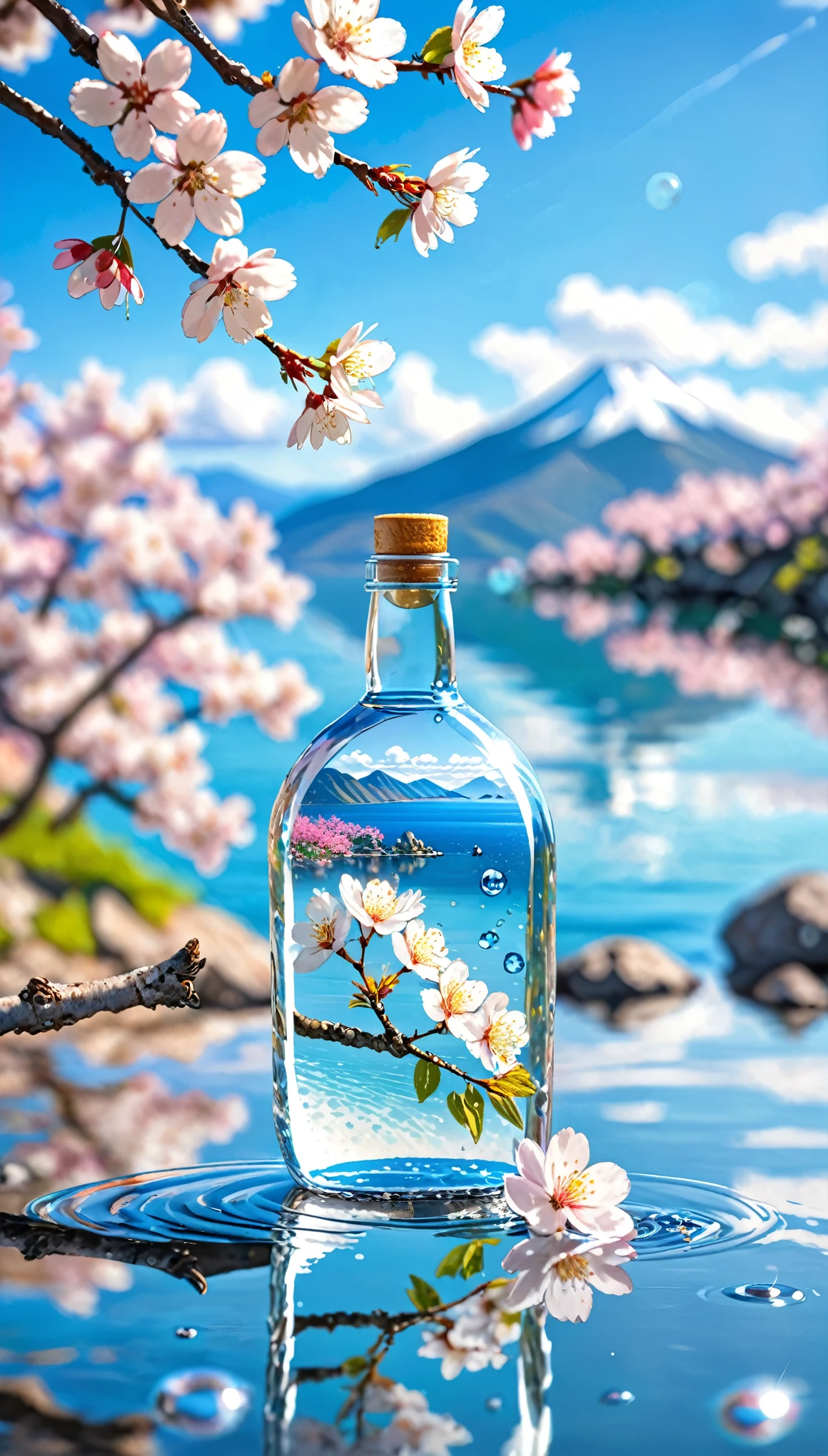 Outdoor, bottle, water, without humans, still life, blurry, bubble, scenery, water drop, ocean, day, sky, blue sky, cloud, blurry background, depth of field, reflection, solo, rock, motion blur, mountain, white flowers, cherry blossoms, branch, ice.