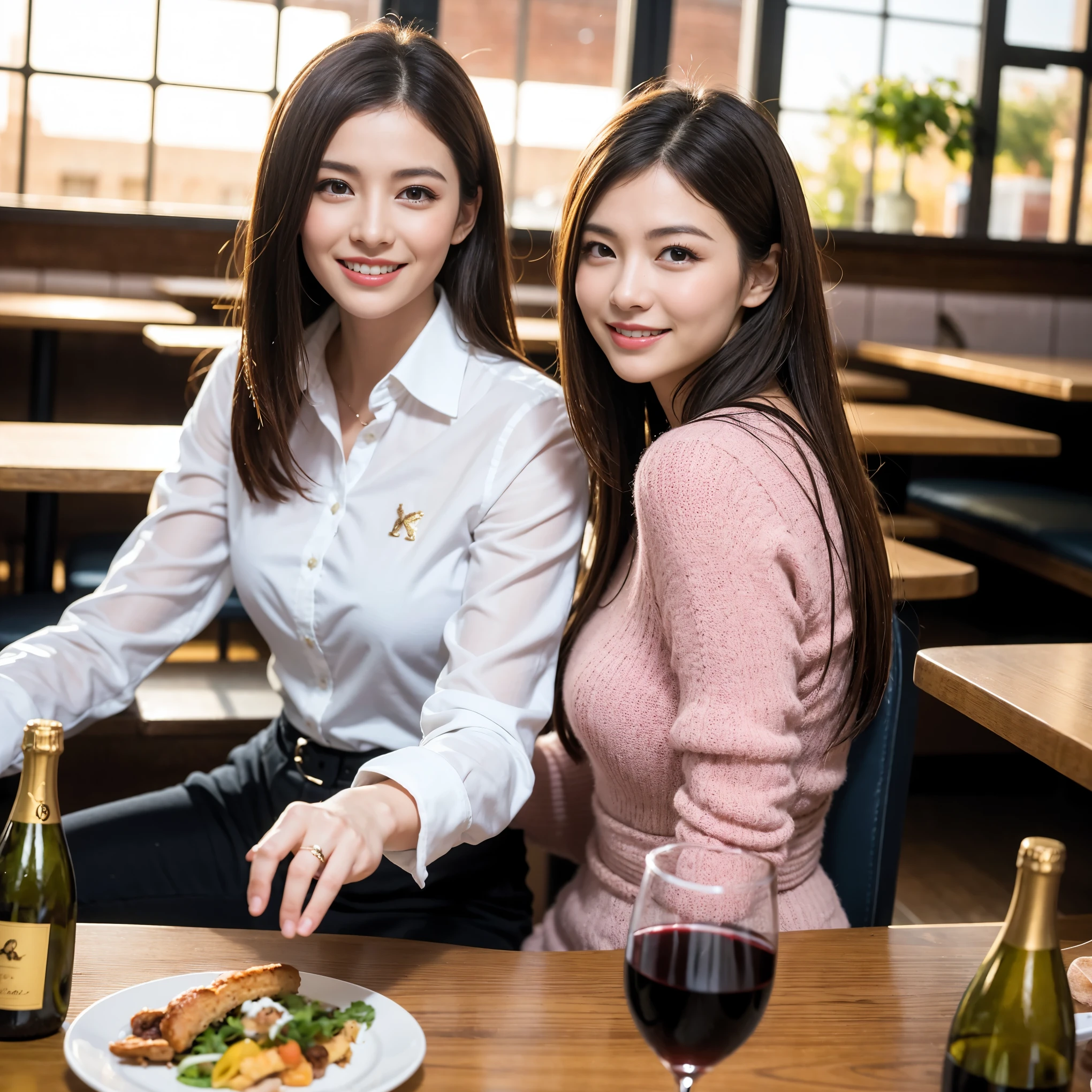 ((highest quality、8k、masterpiece:1.3))、1 male、1 female、spouse、I really like it、Beautiful couple、The body is slim、Wine glass on the table、Facial lighting、full-course dinner、 Amazing view of the sunset sky and clouds、A bright smile、The wonderfulness of smile、Bright image、Beautiful Face, short hair,Bright Face、 (43 years old), 39 years old, red wine 、Appetizers、Italian food、Wine bottle、Champagne、sparkling wine、Two beauties、Brown Hair、Shortcuts、Long sleeve shirt、dress、Pretty Woman 1, (Slim face), (The body is slim), (Brown Hair), (Shortcuts), cheeks turn a little red,Attractive beauty、restaurant, In a prominent place (From the waist up) Nova Frog Style, actress, model, Upper Body, White wine, slim, wine glass, A wine glass placed in the center, smile, (smile: 1.15), Beautiful fine grain, Depth f/2,saturation, High Contrast, Strong light and shadow,Moist Body:1.5、3D texture、Delicate eyes、Brown Hair、The hair is very shiny、