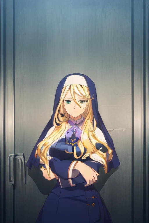 ((masterpiece)),((highres)),((best quality)),((highly detailed)),((extremely detailed CG unity 8k wallpaper)),illustration,long skirt,Sharon,solo,looking at viewer,crossed arms,expressionless,closed mouth,standing,outdoors,dusk,open door,from side,