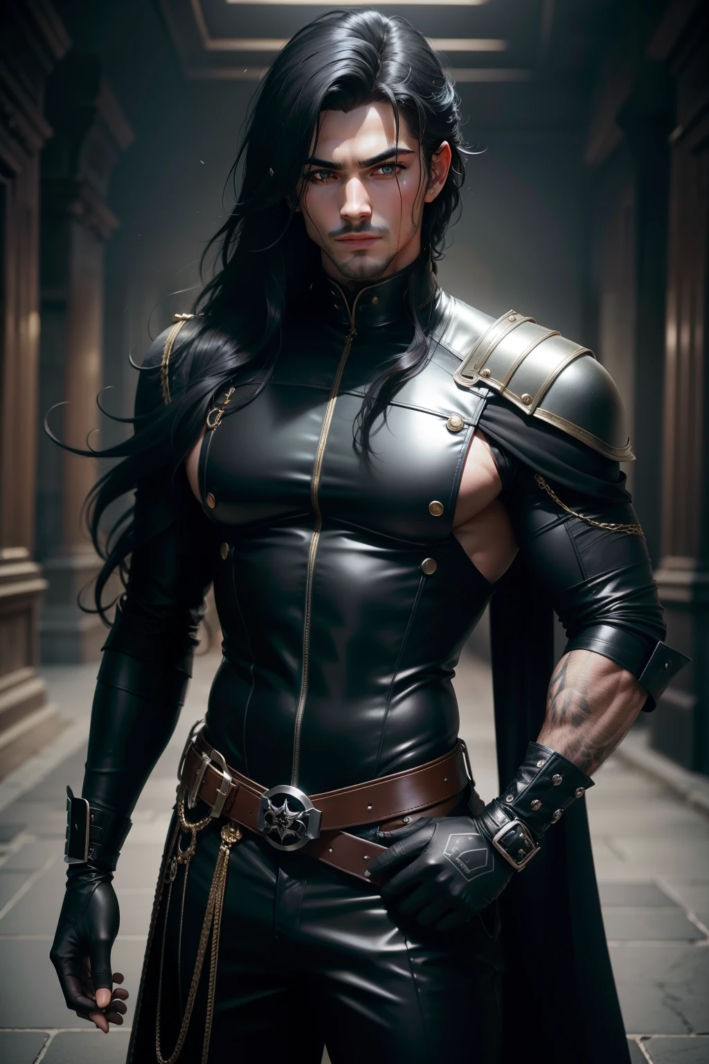 Cabelo preto ligeiramente mais longo　Young handsome prince with dark eyes　Metallic Black Special Forces Exterior　olhos gentis　Handsome prince with a gentle smile　Equipado com uma espada na cintura　Wear black leather gloves on your hands　Ruins　Estilo Gwaitz　realista　Precision details　Motor irreal