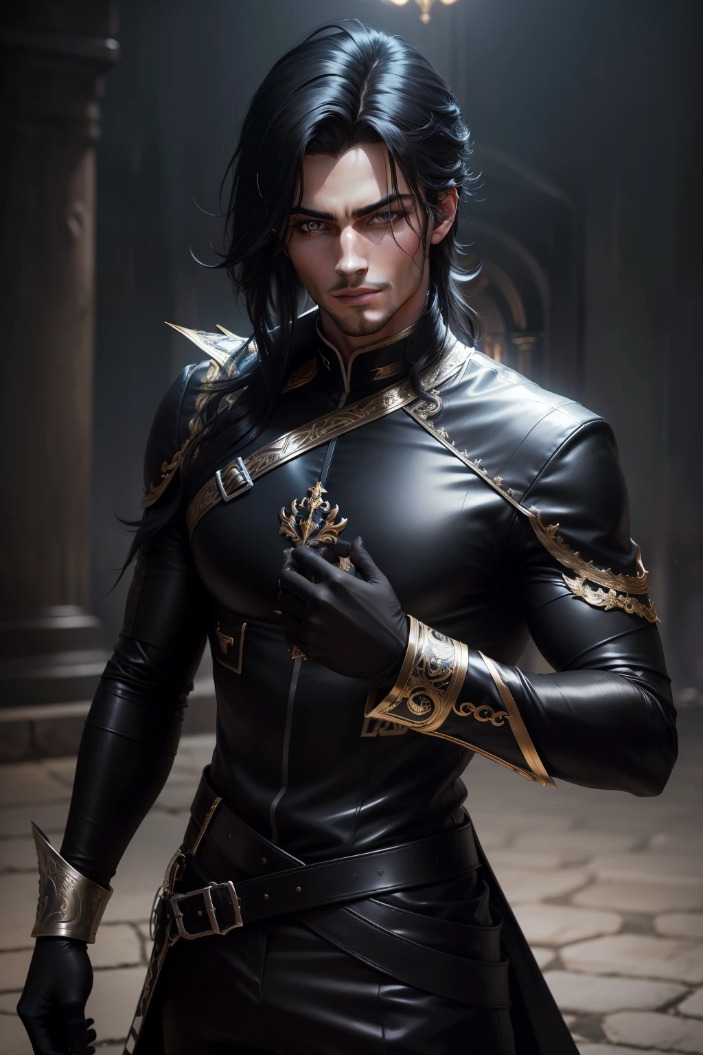 Cabelo preto ligeiramente mais longo Young handsome prince with dark eyes Metallic Black Special Forces Exterior olhos gentis Handsome prince with a gentle smile Equipado com uma espada na cintura Wear black leather gloves on your hands Ruins Estilo Gwaitz realista Precision details Motor irreal