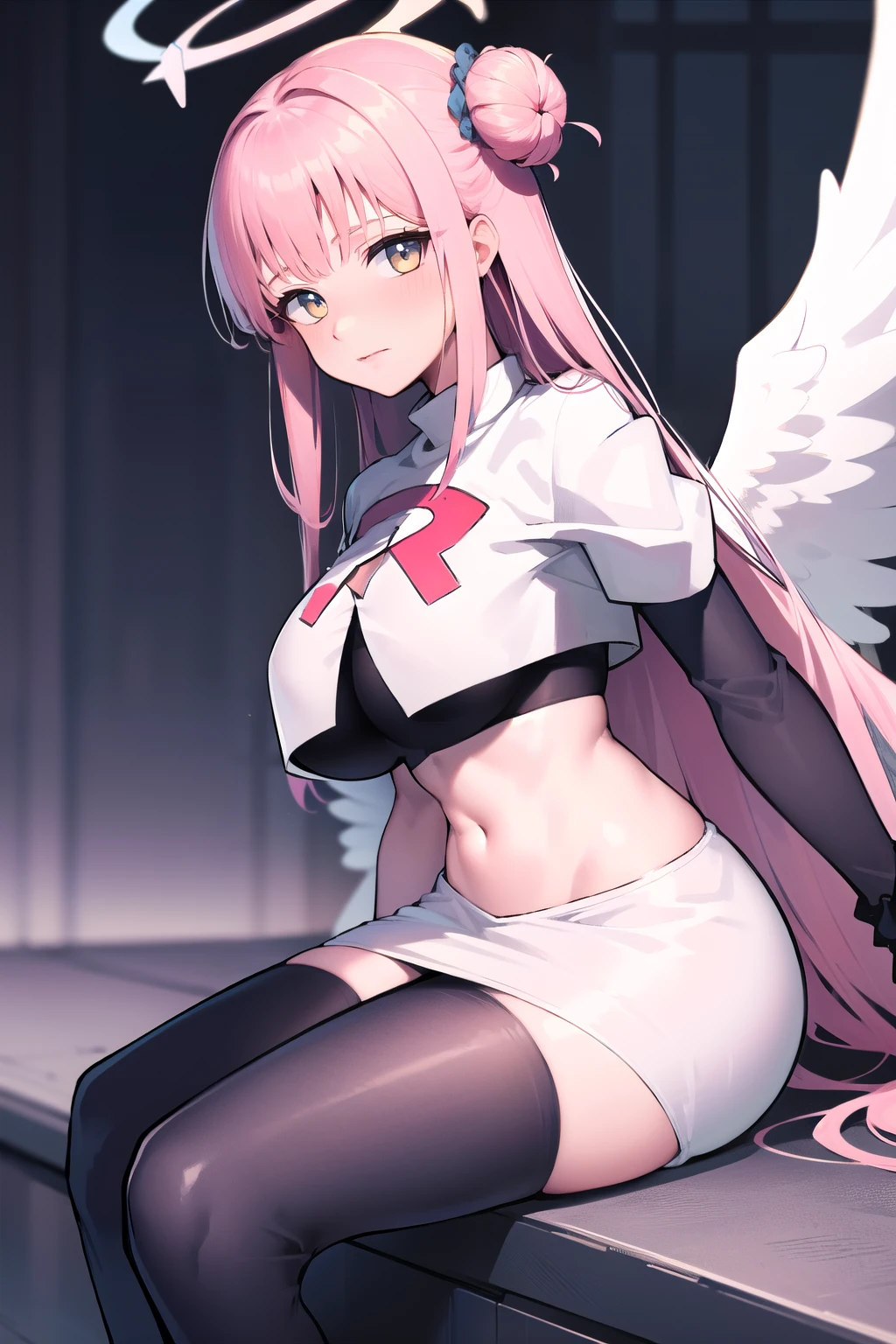 1girl, mika (blue archive), solo, pink hair, wings, halo, long hair,single side bun, hair bun, yellow eyes, hair ornament,  low wings, white wings, scrunchie, looking at viewer, hair flower, feathered wings, very long hair, angel wings, bangs,  team rocket,team rocket uniform,white skirt,red letter R,crop top,black thigh-highs,black elbow gloves