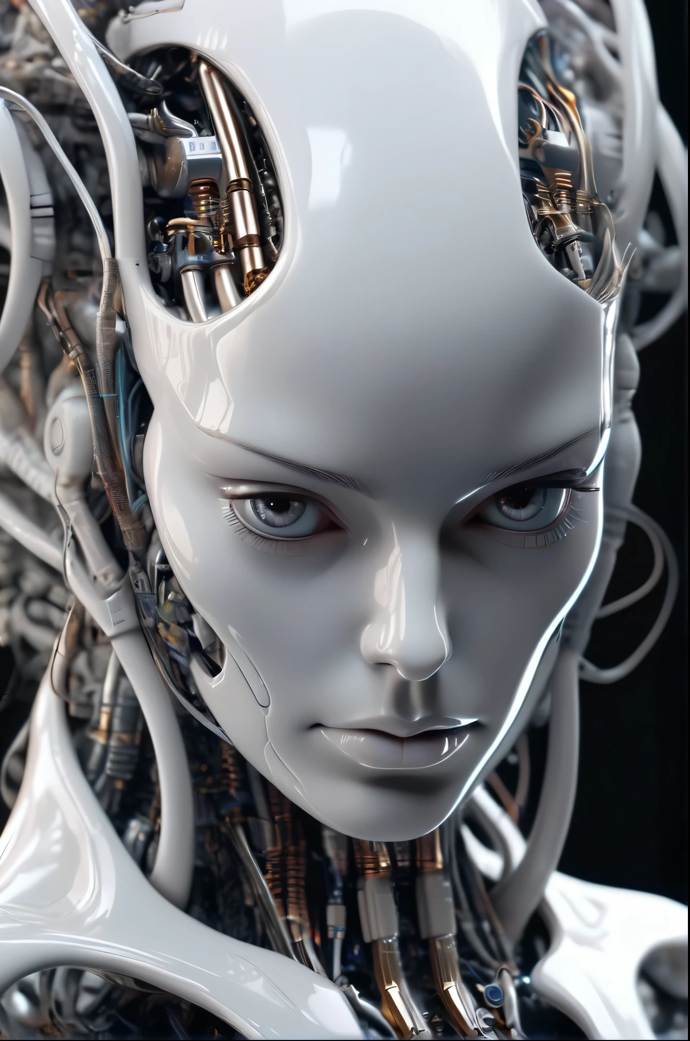 complex 3d render ultra detailed of a beautiful porcelain profile woman android face, cyborg, robotic parts, 150 mm, beautiful studio soft light, rim light, vibrant details, luxurious cyberpunk, lace, hyperrealistic, anatomical, facial muscles, cable electric wires, microchip, elegant, beautiful background, octane render, H. R. Giger style, 8k, best quality, masterpiece, illustration, an extremely delicate and beautiful, extremely detailed ,CG ,unity ,wallpaper, (realistic, photo-realistic:1.37),Amazing, finely detail, masterpiece,best quality,official art, extremely detailed CG unity 8k wallpaper, absurdres, incredibly absurdres, robot, silver halmet, full body, sitting
