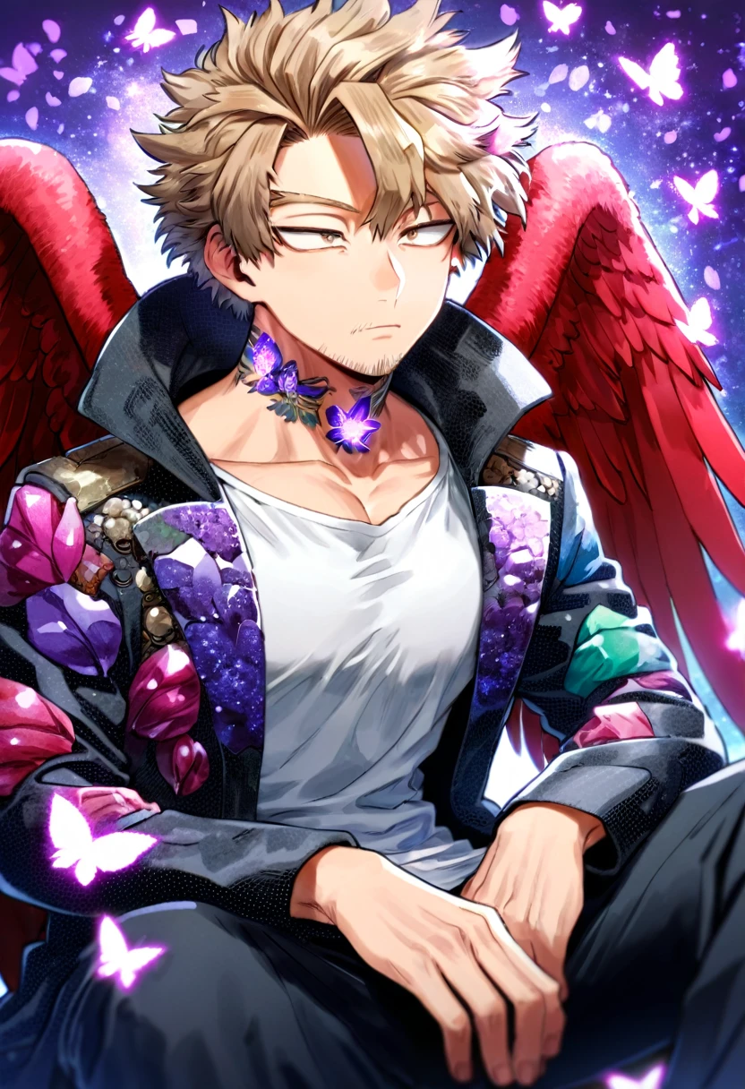 Ultra detailed, Highres, absurdres, HDR, Hawks, Takami Keigo, brown-blond hair, expressive brown-golden eyes, red wings, black coat with patterns, Boku No Hero Academia, faint beard, white shirt, fantasy, glittering purple butterflies, petals, handsome, sexy man, solo, very detailed eyes and face, master piece, toned chest, glittering, purple flowers, sitting, tattoo on his neck, black pants, purple background
