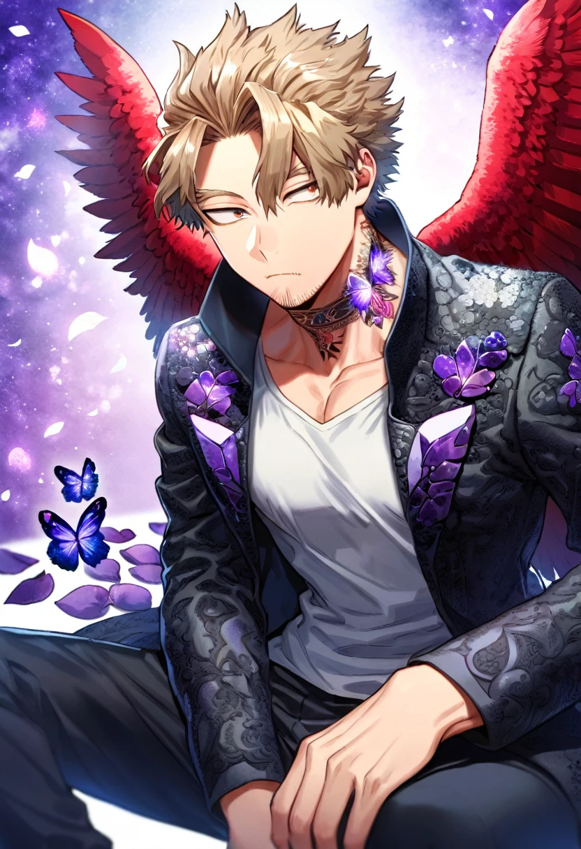 Ultra detailed, Highres, absurdres, HDR, Hawks, Takami Keigo, brown-blond hair, expressive brown-golden eyes, red wings, black coat with patterns, Boku No Hero Academia, faint beard, white shirt, fantasy, glittering purple butterflies, petals, handsome, sexy man, solo, very detailed eyes and face, master piece, toned chest, glittering, purple flowers, sitting, tattoo on his neck, black pants, purple background