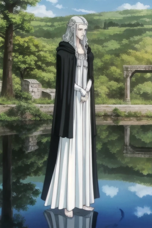 Charlotte,1woman,
cloak,
cloak,white long dress,
nature,sunlight,lake,remains,