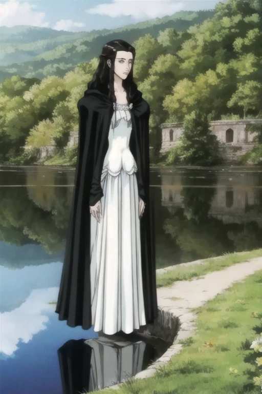 Charlotte,1woman,
cloak,
cloak,white long dress,
nature,sunlight,lake,remains,
