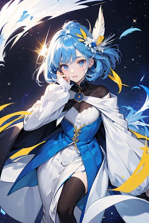 she resembles a penguin. sHe has white skin, and she wears a blue suit that covers her whole body except for her face and feet. sHe has dark circular eyes, which have blue irises in the anime. ssHe has pink cheeks and a yellow beak. There are also four feathers sticking up on top of her head. SPARKLE; GLITTER