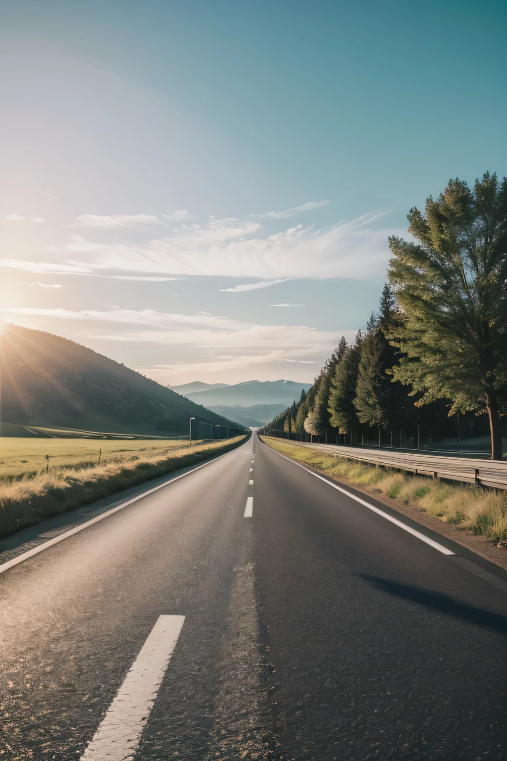 A super realistic highway at day light caming from left side with grass on sides. the point ofview is from the ground. No cars and no people